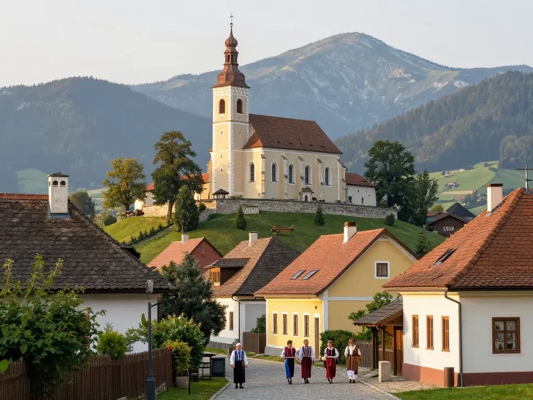 A peaceful scene in a Transylvanian Saxon village, featuring a well-preserved fortified church on a hill, surrounded by colorful traditional houses with tiled roofs, cobblestone streets, and locals in traditional attire going about their daily activities, with the Carpathian mountains in the background, soft morning light, photorealistic style.