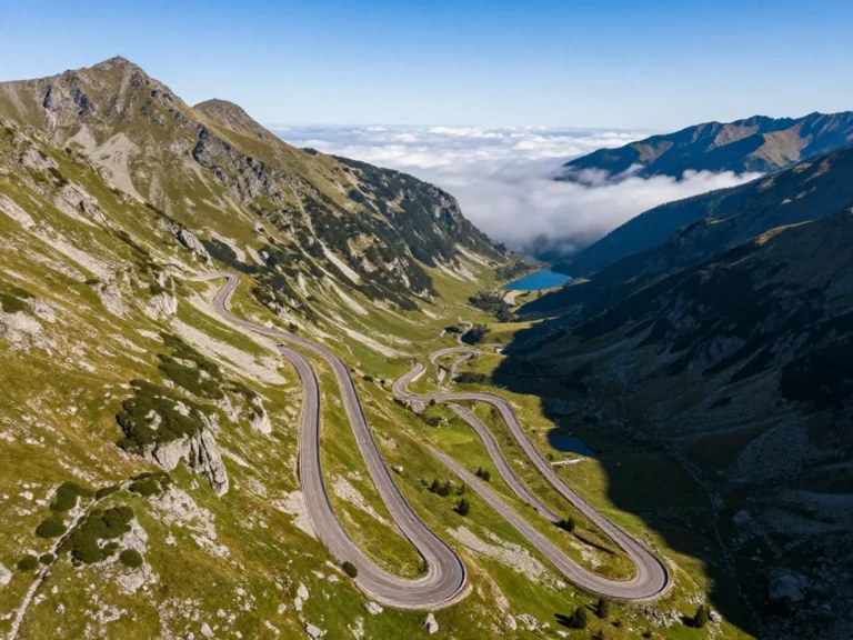 Aerial view of the Transfăgărășan road winding through the Carpathian Mountains, with dramatic hairpin turns, green valleys, rocky peaks, and clouds floating below the road. The scene is bathed in warm sunlight, with a clear blue sky. In the distance, the B&acirc;lea Lake and glacial cirque are visible. The road is a ribbon of asphalt cutting through the wilderness, photorealistic, high detail.