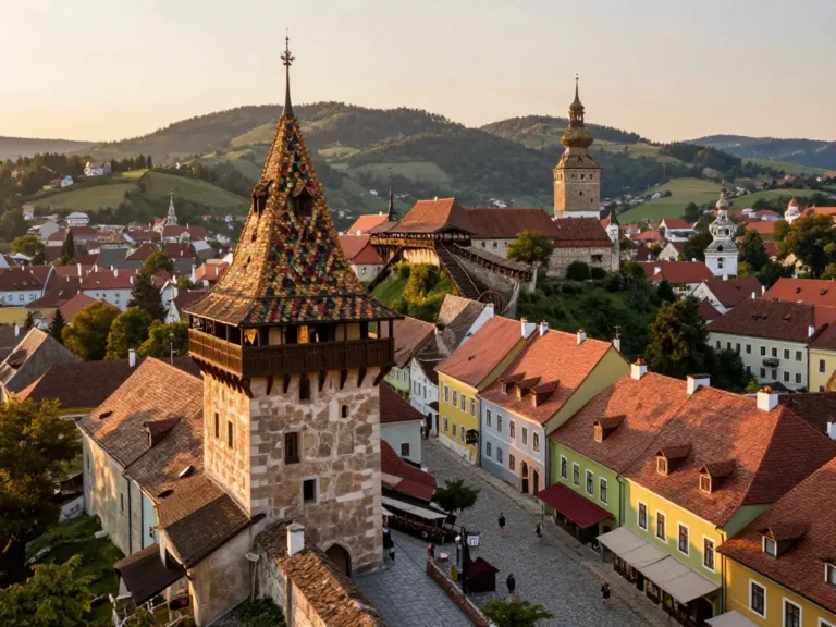 A photorealistic wide-angle view of Sighisoara's medieval citadel in Transylvania, Romania, during golden hour. The iconic Clock Tower dominates the foreground with its colorful tiled roof and wooden figurines, surrounded by pastel-colored merchant houses, cobblestone streets, and red-tiled roofs cascading down the hill. The fortified walls and a distant covered wooden staircase are visible. Warm sunset light casts long shadows, with a few tourists walking leisurely. In the background, the rolling hills of the Carpathian countryside. Atmosphere: timeless, romantic, and mysterious historical charm.
