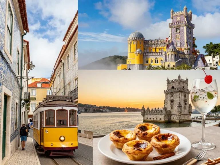 A vibrant travel collage of Lisbon's iconic landmarks: the yellow tram 28 on a narrow Alfama street with traditional azulejo tiles on the walls, the Bel&eacute;m Tower by the Tagus River at golden sunset, and the colorful Pena Palace in Sintra perched on a misty green hilltop, all under a bright blue sky with soft clouds. In the foreground, a plate of fresh past&eacute;is de nata with cinnamon and a glass of ginjinha, evoking the city's culinary charm. The composition is lively, warm, and inviting, perfect for a travel blog header.