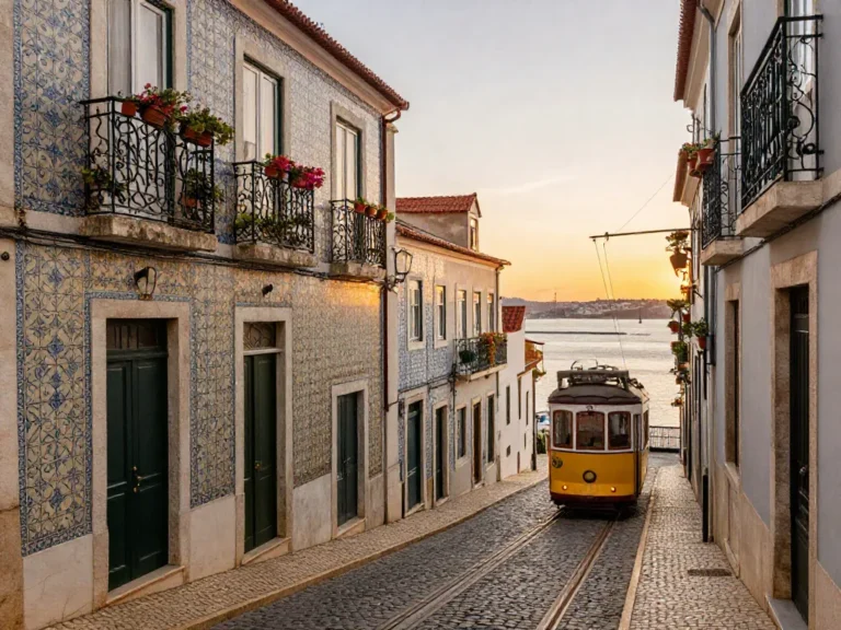 A narrow, cobblestone street in Alfama, Lisbon, with traditional Portuguese houses decorated with colorful azulejos, balconies with flower pots, a vintage yellow tram passing through, and a distant view of the Tagus River under a warm sunset sky. Inviting and authentic atmosphere.