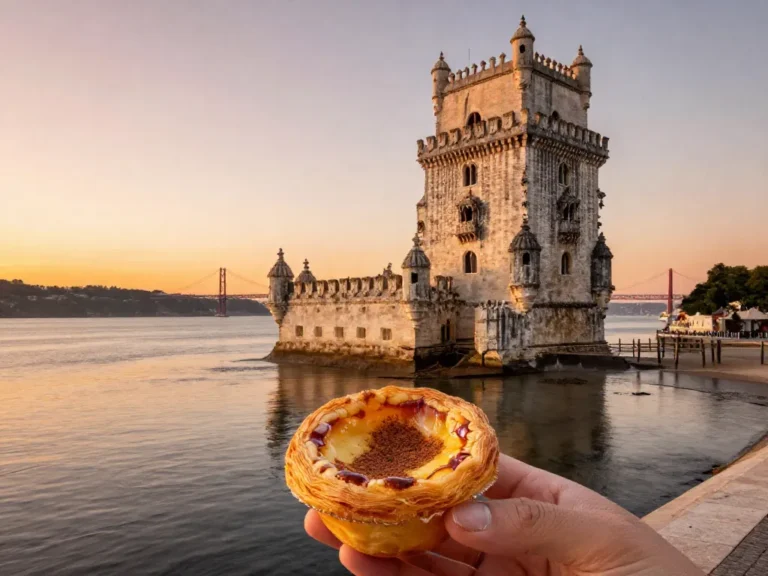 A picturesque wide-angle view of Bel&eacute;m Tower in Lisbon, Portugal, at golden hour. The ornate stone fortress stands on the edge of the Tagus River, with its reflection on the calm water. In the foreground, a hand holds a freshly baked pastel de nata dusted with cinnamon, with the tower in the background. The sky has warm hues of orange and pink, and the 25 de Abril Bridge is visible in the distance. The scene captures the essence of Bel&eacute;m's history and culinary delight.