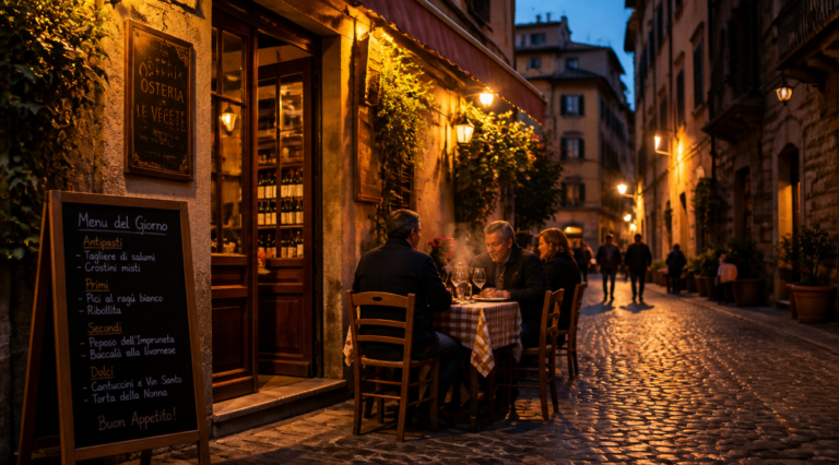 A warm, atmospheric photograph of a narrow cobblestone street in a historic European city at golden hour, with a small family-run trattoria or bistro tucked into a corner, its window glowing with amber light. A handwritten chalkboard menu stands at the entrance in the local language only, with locals dining at small outdoor tables. Steam rises from a plate of fresh pasta. Authentic, cozy, unpretentious atmosphere with weathered stone walls, warm string lights, and the charm of everyday European street life. Photorealistic, high resolution, cinematic lighting, shallow depth of field on the entrance.