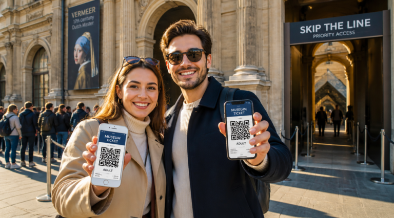 A photo-realistic image of a happy tourist couple standing in front of a grand European museum entrance, holding smartphones displaying QR code museum tickets, with a clearly visible 'skip the line' priority lane entrance to the right of the main queue, warm golden sunlight, modern and vibrant travel vibes, classical architecture in the background, clean composition with soft bokeh, cinematic lighting