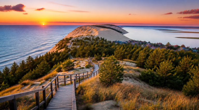 A breathtaking panoramic photograph of the Curonian Spit in Lithuania, featuring massive golden sand dunes rising dramatically above the Baltic Sea on one side and the calm Curonian Lagoon on the other. In the foreground, a wooden hiking trail leads toward the Great Dune, surrounded by pine forests and coastal grasses. The sky is painted in warm sunset hues of orange and pink. A small traditional fishing village with colorful wooden houses is visible in the distance. The composition emphasizes the unique UNESCO World Heritage landscape, with soft natural lighting, ultra-realistic detail, cinematic depth of field, and a sense of vastness and tranquility.