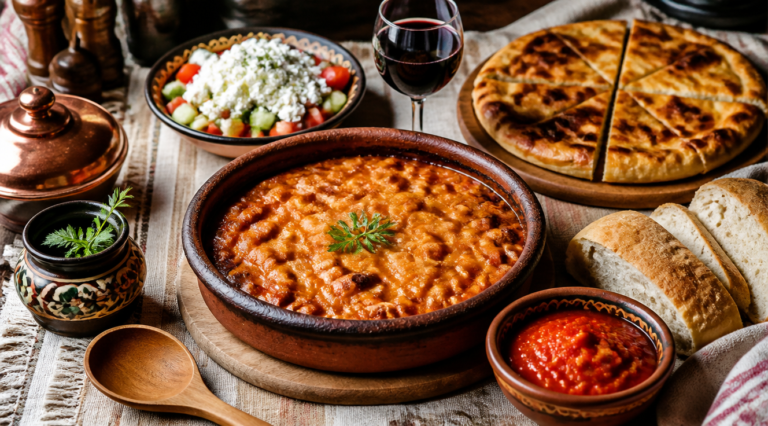 A beautifully styled overhead photograph of a traditional Macedonian table filled with authentic dishes: tavče gravče in a clay baking dish, ajvar in a small bowl with fresh bread, shopska salad topped with grated white cheese, golden pastrmajlija on a wooden board, and a glass of dark Vranec wine. The setting is a rustic Balkan dining table with linen cloth, copper utensils, and warm natural light filtering through, evoking a cozy Mediterranean atmosphere. The composition should feel authentic, appetizing, and culturally rich, highlighting the colors and textures of Macedonian cuisine.
