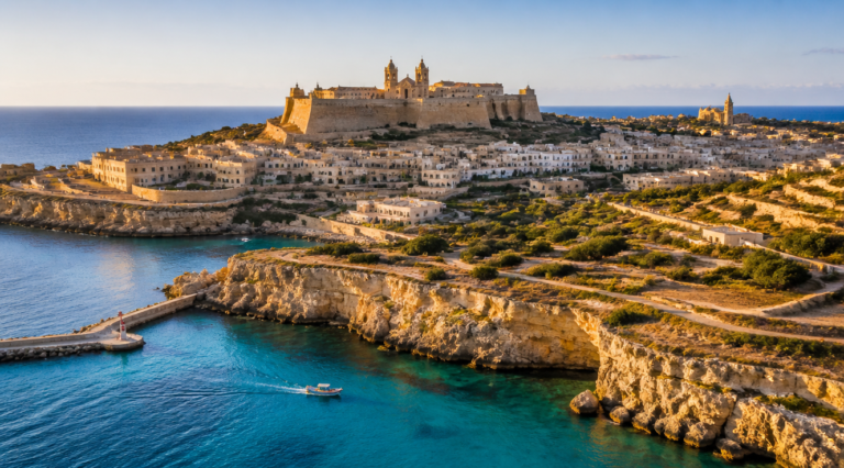 Stunning aerial photograph of Gozo island in the Maltese archipelago at golden hour, showing the historic Citadella fortress perched on a hilltop overlooking a traditional Maltese village with honey-colored limestone buildings. Turquoise Mediterranean Sea surrounds the island with dramatic limestone cliffs and a small traditional fishing boat in the foreground. Soft warm sunlight, photorealistic travel photography, 8K quality, National Geographic cinematic style, vibrant colors, sharp details