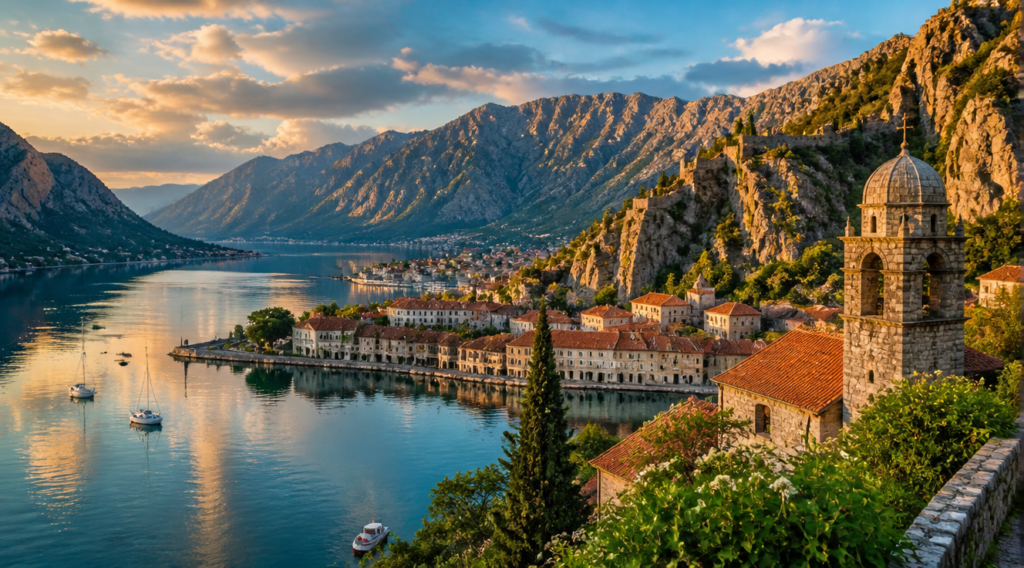 A breathtaking panoramic view of Kotor Bay in Montenegro at golden hour, showing the medieval fortified old town of Kotor reflected in the calm turquoise waters of the fjord, dramatic limestone mountains rising steeply in the background, ancient stone walls climbing up the cliff toward the fortress of San Giovanni, traditional red-roofed stone houses, scattered small boats on the water, lush Mediterranean vegetation in the foreground, cinematic warm lighting, ultra-realistic photography style, 4K resolution, vibrant colors, travel magazine quality