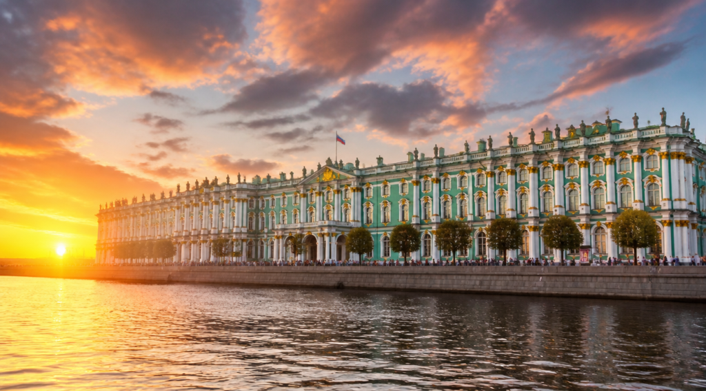 A breathtaking wide-angle photograph of the Winter Palace in Saint Petersburg at golden hour, with the iconic turquoise and white baroque facade illuminated by warm sunset light, visitors strolling on Palace Square in the foreground, dramatic cloudy sky, reflections in the Neva River, hyperrealistic professional travel photography, 8K resolution, National Geographic editorial style, vibrant colors, architectural detail emphasis