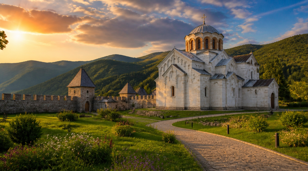 A breathtaking panoramic view of the Studenica Monastery in Serbia at golden hour, surrounded by lush green mountains. The white marble Byzantine church with its distinctive dome stands prominently in the center, surrounded by medieval stone walls and auxiliary buildings. Warm sunset light illuminates the ancient stone facades, highlighting the intricate Romanesque-Byzantine architecture. In the foreground, a winding path leads through manicured gardens with wildflowers. The atmosphere is serene and spiritual, with dramatic clouds in the sky casting soft shadows across the valley. Photorealistic, high resolution, cinematic composition, golden hour lighting, architectural photography style.