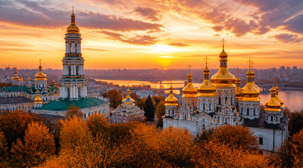 A breathtaking panoramic view of Kiev, Ukraine, featuring the golden domes of the Pechersk Lavra Monastery and Saint Sophia Cathedral bathed in warm sunset light. The ancient Orthodox architecture stands majestically against the Dnieper River in the background. Golden cupolas reflect the orange and pink hues of the sky, while intricate Byzantine details are visible on the cathedral walls. In the foreground, autumn trees with golden leaves frame the scene. Photorealistic style, ultra-detailed, high resolution, dramatic lighting, cinematic composition, travel photography aesthetic.
