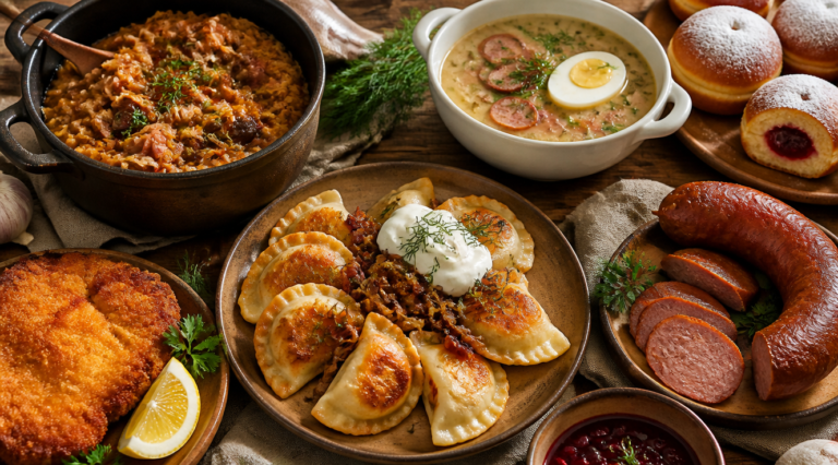 A stunning overhead shot of a rustic wooden table filled with traditional Polish food: golden-brown pierogi arranged on a ceramic plate topped with caramelized onions and sour cream, a cast-iron pot of steaming bigos (hunter's stew) with sauerkraut, mushrooms, and chunks of meat, a white bowl of żurek soup with sausage slices and boiled egg, freshly fried kotlet schabowy with lemon wedge, golden pączki donuts filled with rose jam, and a smoked kielbasa sausage. Decorated with fresh dill, lingonberry jam, and a linen napkin. Warm, golden natural lighting, cozy Polish countryside kitchen atmosphere, photorealistic food photography, shallow depth of field, 4K quality.