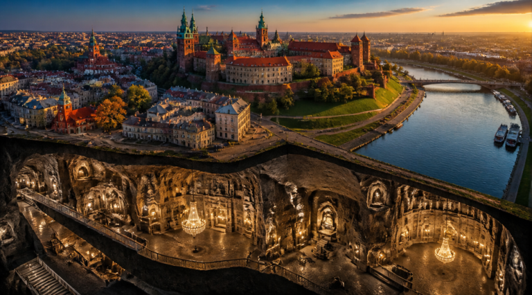 Stunning aerial panoramic view of Krakow, Poland at golden hour, with the Wawel Royal Castle perched on its limestone hill above the Vistula River, the historic Kazimierz district showing colorful burgher houses and synagogue rooftops, and a stylized cross-section revealing the underground chambers of the Wieliczka Salt Mine with carved salt chandeliers and chapels, photorealistic, cinematic warm lighting, 4K ultra-detailed travel photography style, vibrant colors, deep atmospheric perspective