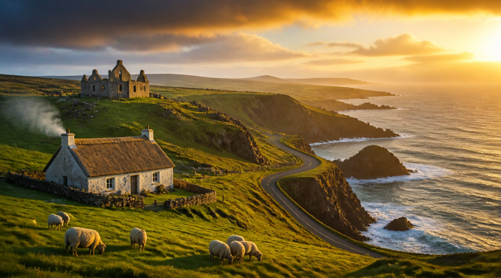 Breathtaking panoramic landscape of Ireland's Wild Atlantic Way at golden hour, featuring dramatic sea cliffs covered in lush green grass, ancient stone ruins of a Celtic monastery on a hilltop, a traditional thatched-roof Irish cottage with smoke rising from the chimney, white sheep grazing on rolling emerald hills, a winding coastal road disappearing into a misty horizon, ocean waves crashing against dark rocks, warm golden sunlight breaking through dramatic clouds, vibrant emerald green and gold color palette, professional travel photography, ultra high resolution, cinematic composition, 16:9 aspect ratio, National Geographic style