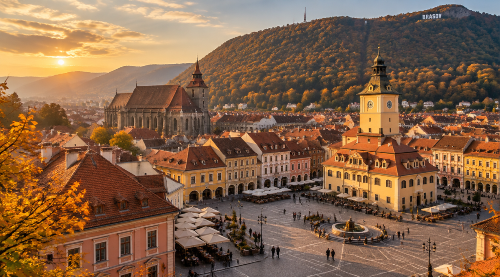 Piața Sfatului din Brașov la ora de aur, cu Biserica Neagră și Tâmpa în fundal