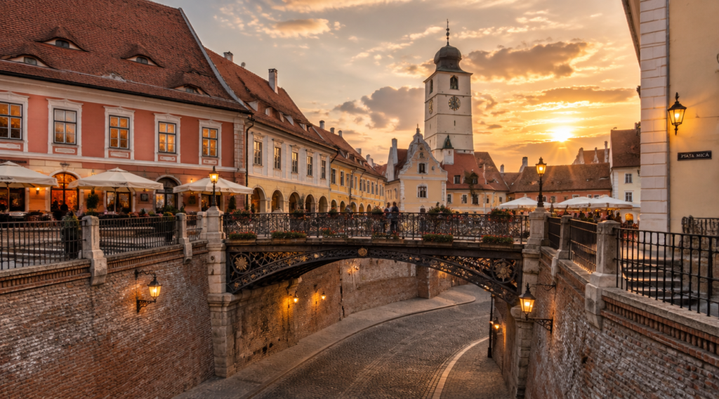 Piața Mică din Sibiu cu Podul Minciunilor și Turnul Sfatului, la ora de aur