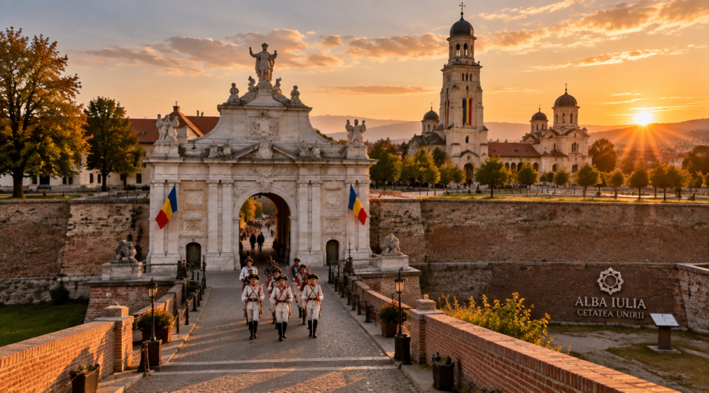 Porțile albe monumentale ale Cetății Alba Carolina din Alba Iulia, cu garda în uniforme de epocă