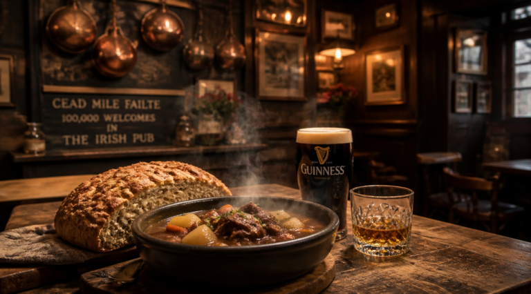 A warm and authentic Irish pub interior with dark wooden walls and vintage copper pots hanging in the background. On a rustic oak table in the foreground: a steaming bowl of Irish stew with lamb and potatoes, a freshly poured pint of Guinness with thick creamy foam, a crystal glass of golden Irish whiskey, and a freshly baked loaf of soda bread. Soft amber lighting, cozy atmosphere, slight steam rising from the stew, photorealistic style, 4K resolution, cinematic composition, traditional Irish heritage mood