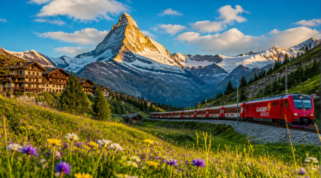 A breathtaking panoramic view of the Swiss Alps featuring the iconic Matterhorn peak glowing at golden hour, with a red Glacier Express train winding through snow-capped mountains and wooden alpine villages, lush green alpine meadows with wildflowers in the foreground, crystal clear blue sky with soft clouds, photorealistic style, ultra high resolution, vivid vibrant colors, dramatic natural lighting, 16:9 aspect ratio, professional travel photography composition