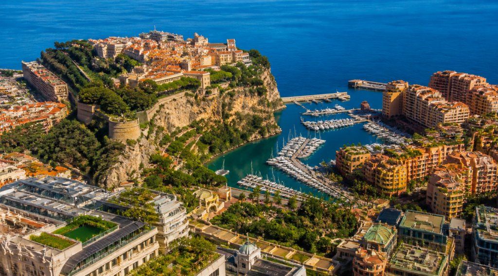 A breathtaking aerial view of Monaco, the small principality on the French Riviera, showing the Prince's Palace on the rocky cliff, the Port Hercules filled with luxury white yachts, the Monte Carlo Casino building, and the deep blue Mediterranean Sea in the background. Bright sunny day with golden light, vibrant colors, ultra-detailed, professional travel photography style, 4K, cinematic composition