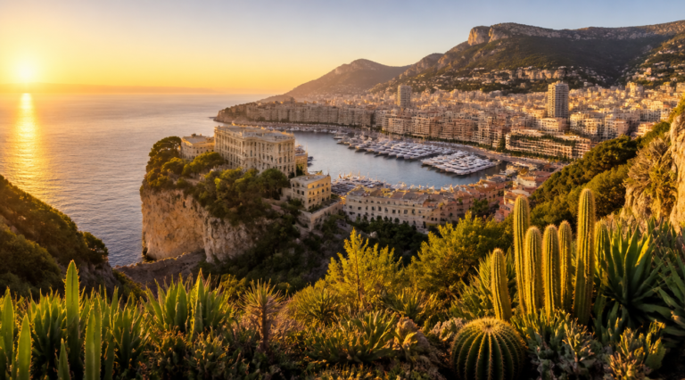 A breathtaking panoramic view of Monaco from the Exotic Garden (Jardin Exotique) on a rocky cliff at golden hour, with the Mediterranean Sea, the port of Monaco, and the iconic Oceanographic Museum visible below. In the foreground, lush cacti and exotic succulent plants frame the scene. Warm golden sunlight, photorealistic style, high resolution travel photography, vibrant colors, sharp details, 16:9 aspect ratio, cinematic composition.