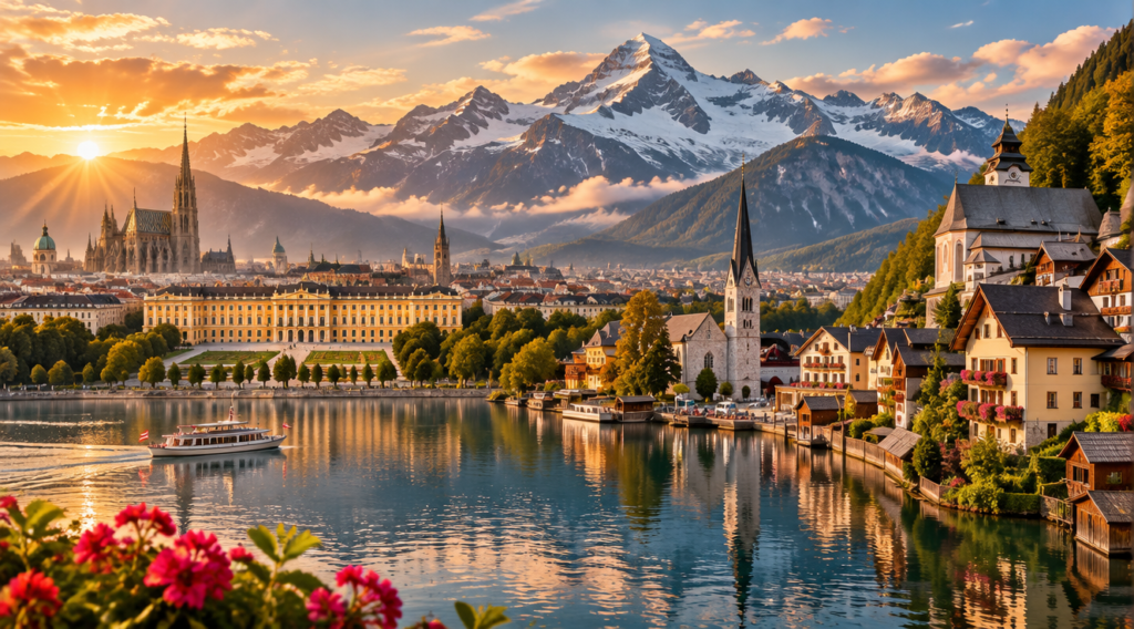 Stunning panoramic landscape of Austria combining multiple iconic elements: the majestic snow-capped Austrian Alps with the Grossglockner peak in the background, the historic imperial skyline of Vienna featuring St. Stephen's Cathedral and Sch&ouml;nbrunn Palace in the mid-ground, and the picturesque alpine village of Hallstatt with its colorful lakeside houses reflected in crystal-clear water in the foreground. Golden hour lighting with warm sunbeams, vibrant natural colors, photorealistic travel photography style, ultra-detailed, 8K resolution, wide-angle composition, cinematic atmosphere