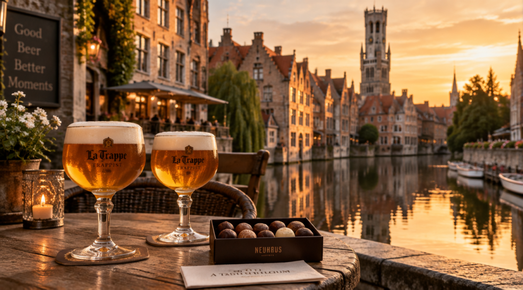 A breathtaking cinematic photograph of the medieval city of Bruges in Belgium at golden hour, with its iconic Belfry tower rising above red-brick rooftops and cobblestone streets reflected in the tranquil canal waters. In the foreground, a wooden table holds two glasses of golden Belgian Trappist beer with creamy foam, alongside a small box of artisanal Belgian pralines. Warm light bathes the historic facades, background softly blurred with a vintage travel photography aesthetic, ultra-realistic, high resolution, 4K quality.