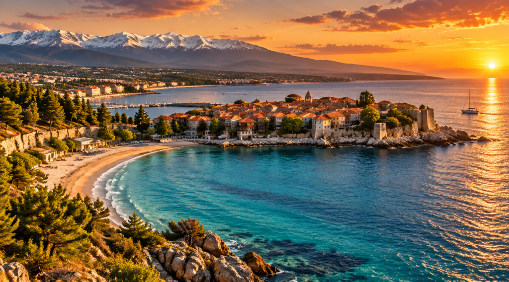 A stunning panoramic composite image of Bulgaria showing the golden sandy beaches of the Black Sea coast with turquoise waters in the foreground, transitioning to the snow-capped peaks of the Balkan Mountains in the background. Include a glimpse of the ancient coastal town of Nessebar with red-tiled rooftops, a medieval fortress, and pine forests. Vibrant golden hour lighting, ultra-realistic photography style, high resolution, 8K quality, cinematic composition with warm tones.