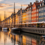 A stunning panoramic photograph of Nyhavn harbor in Copenhagen, Denmark at golden hour, featuring iconic colorful 17th-century townhouses reflected in calm canal water, historic wooden ships docked along the waterfront, soft warm sunlight illuminating the buildings, distant view of Copenhagen skyline with church spires, atmospheric Scandinavian ambiance with bicycles parked nearby, professional travel photography, high resolution, photorealistic, vibrant yet peaceful hygge-inspired mood