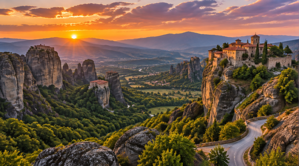 A breathtaking panoramic view of Meteora monasteries in mainland Greece at golden hour. Massive sandstone rock pillars rise dramatically from a lush green valley, with ancient Byzantine monasteries perched precariously on top of the cliffs. The sky is painted in warm orange and purple hues, with soft clouds catching the last light of day. In the foreground, a winding road leads toward the monasteries. Photorealistic, high resolution, ultra-detailed, travel photography style, National Geographic quality, 8K, vibrant colors, atmospheric perspective.