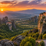 A breathtaking panoramic view of Meteora monasteries in mainland Greece at golden hour. Massive sandstone rock pillars rise dramatically from a lush green valley, with ancient Byzantine monasteries perched precariously on top of the cliffs. The sky is painted in warm orange and purple hues, with soft clouds catching the last light of day. In the foreground, a winding road leads toward the monasteries. Photorealistic, high resolution, ultra-detailed, travel photography style, National Geographic quality, 8K, vibrant colors, atmospheric perspective.