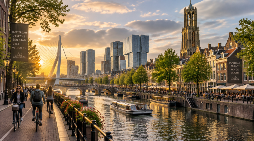 Panoramic photograph of a modern Dutch cityscape featuring Rotterdam and Utrecht architecture blended together, showing sleek contemporary buildings alongside historic canal houses, cyclists riding on dedicated bike paths along a tranquil canal, lush green trees lining the waterfront, soft cloudy sky typical of Dutch weather, vibrant urban life in the background with people walking, golden hour lighting casting warm tones, cinematic wide-angle composition, ultra high detail, 4K resolution, photorealistic, travel photography style
