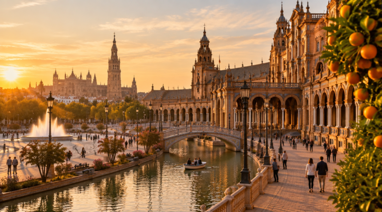 Plaza de Espa&ntilde;a din Sevilla la ora de aur, cu catedrala și Giralda &icirc;n fundal
