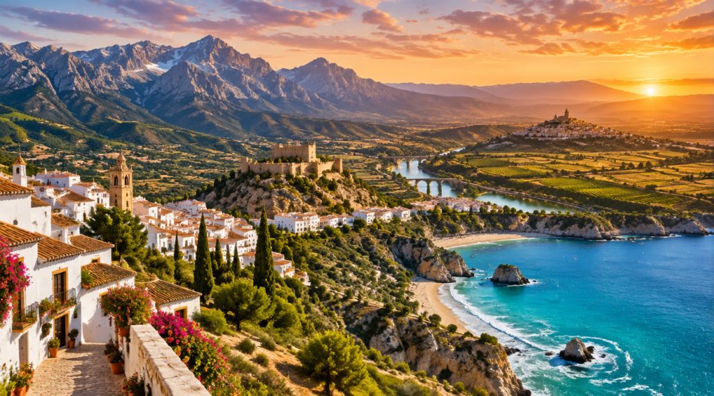 A breathtaking panoramic landscape view of diverse Spanish regions in one composition: lush green mountains of the north (Picos de Europa), whitewashed Andalusian villages with red roofs, a Mediterranean turquoise coastline, sunlit vineyards in La Rioja, and a warm golden sunset sky. Professional travel photography style, ultra-realistic, vibrant colors, high resolution, 16:9 aspect ratio, cinematic lighting.
