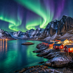 A breathtaking panoramic landscape of Norway featuring deep blue fjords surrounded by snow-capped mountains, traditional red wooden rorbuer cabins on the rocky shore, the Northern Lights (aurora boreală) dancing in vibrant green and purple across the night sky, with a small picturesque fishing village in the foreground. The composition should evoke a sense of adventure, natural wonder and Scandinavian magic, perfect for a travel blog header about Norway's fjords, cities, and the Arctic Circle. High quality professional travel photography style, dramatic lighting, vivid colors, ultra-detailed, cinematic atmosphere.