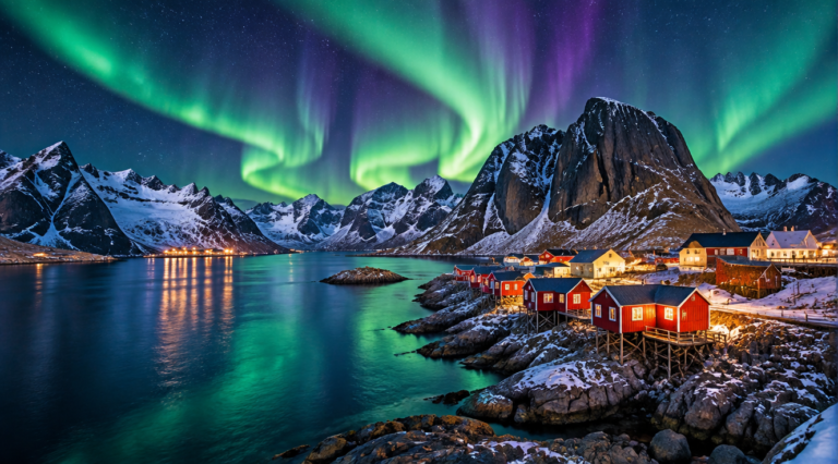 A breathtaking panoramic landscape of Norway featuring deep blue fjords surrounded by snow-capped mountains, traditional red wooden rorbuer cabins on the rocky shore, the Northern Lights (aurora boreală) dancing in vibrant green and purple across the night sky, with a small picturesque fishing village in the foreground. The composition should evoke a sense of adventure, natural wonder and Scandinavian magic, perfect for a travel blog header about Norway's fjords, cities, and the Arctic Circle. High quality professional travel photography style, dramatic lighting, vivid colors, ultra-detailed, cinematic atmosphere.