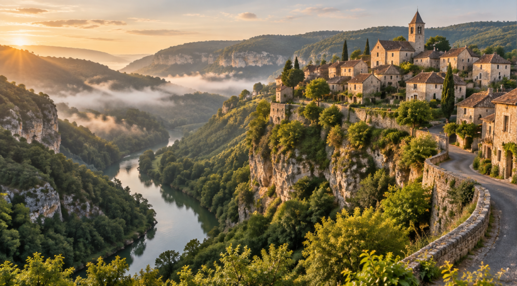 A panoramic view of a small French medieval village in the Aveyron region of southern France, perched on a rocky cliff overlooking a deep green gorge with the Tarn river below, soft golden morning light filtering through mist, traditional stone houses with terracotta rooftops, lush forested hills in the background, a winding road leading toward the village, photorealistic, cinematic composition, 8k resolution, natural warm colors, wide angle, atmospheric depth